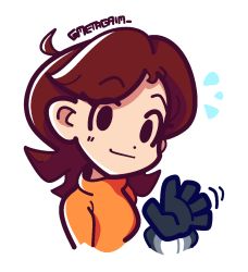 Rule 34 | 1girl, ahoge, artist name, blue gloves, brown hair, chibi, closed mouth, commentary, cropped shoulders, dot nose, english commentary, flipped hair, gloves, hand up, light smile, long hair, looking at viewer, metagaim, mii (nintendo), mii gunner, motion lines, nintendo, notice lines, orange sweater, parted bangs, signature, solo, super smash bros., sweater, symbol-only commentary, turtleneck, turtleneck sweater, twitter username, waving, white background