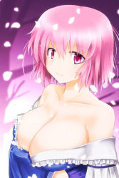 Rule 34 | bare shoulders, blue dress, breasts, cleavage, dress, japanese clothes, kimono, large breasts, long sleeves, looking at viewer, no headwear, off shoulder, petals, pinesea, pink eyes, pink hair, resolution mismatch, saigyouji yuyuko, short hair, smile, solo, source larger, touhou