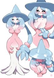 Rule 34 | 1girl, ahoge, bare shoulders, black sclera, blue eyes, blue hair, blush, breasts, cleavage, collarbone, colored sclera, covering face, cowboy shot, creatures (company), curvy, dress, embarrassed, eyelashes, female focus, game freak, gen 8 pokemon, gloves, hat, hatterene, heart, highres, kenron toqueen, large breasts, long hair, looking at viewer, multiple views, nintendo, pokemon, pokemon (creature), pokemon swsh, self exposure, shiny skin, simple background, standing, taut clothes, upper body, white background, wide hips, witch hat