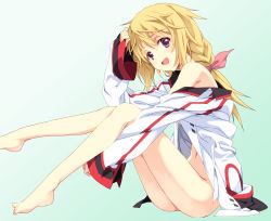 Rule 34 | 10s, 1girl, bare shoulders, barefoot, blonde hair, bottomless, charlotte dunois, feet, gradient background, green background, infinite stratos, long hair, long legs, looking at viewer, navel, no panties, open mouth, purple eyes, saipaco, sitting, solo