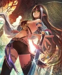 Rule 34 | 1girl, artist request, brown hair, cygames, earrings, gold trim, green eyes, indoors, jewelry, long hair, looking at viewer, looking back, multicolored hair, official art, parted lips, pointy ears, revealing clothes, shadowverse, shorts, solo, streaked hair, sword, temple, thighhighs, underworld ruler aisha, very long hair, weapon, white hair