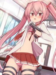 1girl absurdres blush bookshelf bra breasts clothes_lift commentary dual_wielding gun hair_between_eyes hidan_no_aria highres holding holding_gun holding_weapon holster indoors kanzaki_h._aria konnyakugozen lifting_own_clothes open_mouth paid_reward_available panties pink_hair pink_stripes pleated_skirt red_eyes red_skirt school_uniform serafuku shirt_lift skirt small_breasts striped_bra striped_clothes striped_panties thigh_holster thigh_strap twintails underwear weapon window