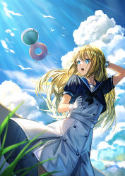 Rule 34 | 1girl, abyssal ship, blonde hair, blue eyes, blue sailor collar, commentary request, dress, dutch angle, enemy lifebuoy (kancolle), feet out of frame, from below, gloves, grass, hat, jervis (kancolle), kantai collection, looking back, outdoors, sailor collar, sailor dress, sailor hat, solo, unowen, unworn hat, unworn headwear, white dress, white gloves, white hat