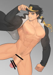 Rule 34 | 1boy, abs, absurdres, bara, black hair, blue eyes, chain, coat, flaccid, gakuran, hat, highres, hunterkay, jojo no kimyou na bouken, kuujou joutarou, large pectorals, long coat, looking at viewer, male focus, muscular, nipples, open clothes, open coat, pectorals, penis, school uniform, topless male, solo, testicles, thick thighs, thighs