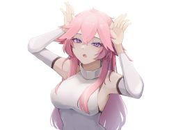 Rule 34 | 1girl, :o, absurdres, animal ears, arm warmers, armpits, arms up, bare shoulders, breasts, fang, floppy ears, fox ears, genshin impact, highres, large breasts, long hair, looking at viewer, open mouth, pink hair, purple eyes, shirt, simple background, sleeveless, sleeveless shirt, sleeveless turtleneck, solo, turtleneck, upper body, white background, white shirt, yae miko, yuu azma