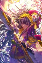 Rule 34 | 1girl, arm up, chang&#039;e (destiny child), commentary request, destiny child, fingerless gloves, floral print, flower, gauntlets, gloves, hair ornament, half-closed eyes, headdress, highres, japanese clothes, katana, kimono, leaf, long hair, looking to the side, md5 mismatch, obi, open mouth, petals, purple eyes, purple hair, resolution mismatch, sash, sheath, solo, source smaller, sword, tassel, tsukioka tsukiho, unsheathing, very long hair, weapon, wide sleeves, wind, wind lift, wolf
