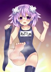 Rule 34 | 1girl, artist request, barefoot, breasts, d-pad, d-pad hair ornament, feet, hair ornament, highres, matching hair/eyes, neptune (neptunia), neptune (series), open mouth, purple eyes, purple hair, short hair, small breasts, soles, swimsuit, toes, translation request
