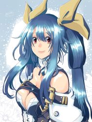 Rule 34 | 1girl, arc system works, bare shoulders, blue hair, breasts, cleavage, closed mouth, detached collar, detached sleeves, dizzy (guilty gear), guilty gear, guilty gear xrd, hair between eyes, hair ribbon, hair rings, highres, large breasts, long hair, looking at viewer, mariebell, mature female, red eyes, ribbon, smile, twintails, upper body, yellow ribbon