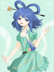 Rule 34 | 1girl, :d, aqua dress, blue eyes, blue hair, breasts, chunmarupi, collarbone, commentary request, cowboy shot, dress, drill hair, drill sidelocks, fingernails, floral print, flower, hagoromo, hair ornament, hair rings, hair stick, hand up, highres, kaku seiga, blue background, light blush, looking at viewer, medium hair, open mouth, shawl, sidelocks, simple background, small breasts, smile, solo, touhou, twin drills, vest, white flower, white vest