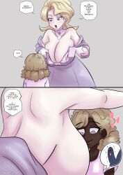 Rule 34 | 2girls, blonde hair, breasts, breasts out, bulge, clothes, clothes grab, creatures (company), dark-skinned female, dark skin, english text, erection, erection under clothes, futa with female, futanari, game freak, glacia (pokemon), grey background, heart, heart-shaped pupils, highres, huge breasts, interracial, long hair, looking at viewer, medium hair, medium penis, multiple girls, nintendo, open clothes, original, pokemon, pokemon oras, robe, simple background, smile, speech bubble, symbol-shaped pupils, umeyiyo