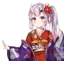 Rule 34 | 1girl, :3, absurdres, blush, closed mouth, floral print, flower, gradient hair, hair flower, hair ornament, hand up, highres, hololive, horns, huge filesize, japanese clothes, kimono, long hair, long sleeves, looking at viewer, multicolored hair, nakiri ayame, nakiri ayame (new year), namekuji ojiichan, obi, oni, open clothes, pinching sleeves, pink hair, print kimono, red eyes, red flower, red kimono, sash, side ponytail, silver hair, simple background, skin-covered horns, sleeves past wrists, solo, virtual youtuber, white background, white flower, wide sleeves