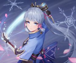 Rule 34 | 1girl, armor, ayaka (genshin impact), back bow, black gloves, blue bow, blue eyes, blue hair, blue jacket, blunt bangs, blurry, bow, cherry blossoms, chinese knot, closed mouth, collared jacket, commentary, dou, elbow gloves, falling petals, genshin impact, gloves, hair ornament, hand up, jacket, japanese armor, kote, kusazuri, large bow, long hair, looking at viewer, looking to the side, menthol (rzsz4582), mole, mole under eye, partially fingerless gloves, petals, ponytail, snowflakes, solo, tassel, vision (genshin impact)
