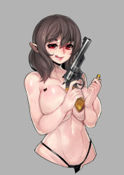 Rule 34 | 1girl, :q, absurdres, black lips, black panties, breast tattoo, breasts, brown hair, bullet, cleavage, collarbone, fengmo, finger on trigger, grey background, groin, gun, handgun, heart, heart tattoo, highres, holding, holding gun, holding weapon, large breasts, licking lips, lips, lipstick, long hair, looking at viewer, makeup, mole, mole under mouth, navel, original, panties, pointy ears, red eyes, revolver, simple background, smirk, solo, tattoo, thong, tongue, tongue out, topless, underwear, uneven eyes, weapon