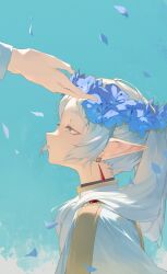 Rule 34 | 1girl, 1other, absurdres, blue flower, blue sky, capelet, commentary, earrings, elf, falling petals, flower, flower wreath, frieren, from side, gold trim, green eyes, hair over shoulder, half-closed eyes, head wreath, highres, jewelry, long hair, looking ahead, parted lips, petals, pointy ears, portrait, profile, sb lama, short eyebrows, sky, solo focus, sousou no frieren, twintails, white capelet, white hair