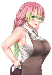 Rule 34 | 1girl, absurdres, alternate costume, apron, black skirt, braid, breasts, brown apron, commentary request, from side, gradient hair, green eyes, green hair, highres, kanroji mitsuri, large breasts, long hair, miyotarou, mole, mole under eye, multicolored hair, open mouth, pink hair, ribbed sweater, simple background, single braid, skirt, solo, sweater, turtleneck, turtleneck sweater, twin braids, two-tone hair, tying apron, white background, white sweater