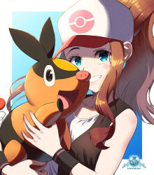 Rule 34 | 1girl, absurdres, asada yo, blue background, border, brown hair, brown vest, commentary request, creatures (company), eyelashes, game freak, gen 5 pokemon, green eyes, grin, hat, high ponytail, highres, hilda (pokemon), holding, holding pokemon, long hair, nintendo, open clothes, open vest, outside border, pokemon, pokemon (creature), pokemon bw, shirt, sidelocks, sleeveless, sleeveless shirt, smile, teeth, tepig, upper body, vest, white border, white hat, white shirt, wristband