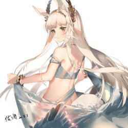 Rule 34 | 1girl, animal ears, arknights, back, back focus, bare arms, bare shoulders, brown eyes, commentary, cowboy shot, dated, highres, ling mou, long hair, official alternate costume, platinum (arknights), platinum (shimmering dew) (arknights), signature, silver hair, simple background, solo, white background
