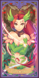 Rule 34 | 1girl, bare shoulders, breasts, character name, choker, cleavage, dakun, league of legends, long hair, medium breasts, navel, plant, pointy ears, red hair, smile, solo, vines, yellow eyes, zyra
