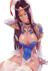 Rule 34 | 1girl, absurdres, arm behind head, arm wrap, armlet, armor, bandaged arm, bandages, black hair, blue armor, bracelet, breastplate, breasts, bridal gauntlets, chorogon, circlet, cleavage, collar, covered navel, dark-skinned female, dark skin, facial mark, fate/grand order, fate (series), feathers, forehead jewel, green eyes, hat, highres, jewelry, large breasts, long hair, looking at viewer, metal collar, parted bangs, parted lips, pauldrons, pelvic curtain, ring, scheherazade (fate), shoulder armor, simple background, sitting, solo, thighs, thumb ring, white background
