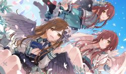 3girls, :&gt;, alstroemeria (idolmaster), alternate hairstyle, bangs, bare legs, belt, bird, bird on hand, black cat, black footwear, blue neckwear, blue ribbon, blue skirt, blue sky, book, boots, bow, brown belt, brown hair, cat, chiri (ch!), choker, cityscape, closed mouth, commentary, crop top, dove, dress, feathered wings, feet out of frame, flower, frilled hairband, frilled skirt, frills, full body, green bow, green dress, green shirt, grey wings, hair flower, hair ornament, hair ribbon, hairband, high heel boots, high heels, holding, holding book, idolmaster, idolmaster shiny colors, kuwayama chiyuki, long hair, long sleeves, looking at animal, looking at viewer, multiple girls, necktie, osaki amana, osaki tenka, open mouth, outdoors, petals, pink flower, pink ribbon, red hair, ribbon, shirt, siblings, sidelocks, sisters, skirt, sky, smile, swept bangs, symbol-only commentary, twins, undershirt, white flower, white shirt, white skirt, white wings, wings, yellow eyes