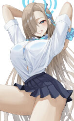Rule 34 | 1girl, absurdres, amori (jzpp8558), asuna (blue archive), black skirt, blue archive, blue bow, blue bowtie, blue bra, blue eyes, blue halo, blue ribbon, blue scrunchie, blush, bow, bowtie, bra, bra visible through clothes, breasts, brown hair, button gap, commentary request, hair over one eye, hair ribbon, halo, highres, large breasts, long hair, looking at viewer, pleated skirt, ribbon, scrunchie, shirt, simple background, skirt, solo, thighs, underwear, very long hair, white background, white shirt, wrist scrunchie