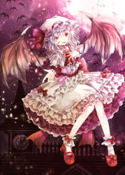 Rule 34 | 1girl, ankle cuffs, ascot, bad id, bad pixiv id, bat (animal), bat wings, bow, brooch, clock, clock tower, fang, female focus, frills, hand on own chest, hat, hat ribbon, jaku sono, jewelry, moon, night, open mouth, outstretched arm, outstretched hand, petals, pink eyes, purple hair, remilia scarlet, ribbon, sash, shirt, short hair, short sleeves, skirt, skirt set, sky, slit pupils, smile, solo, touhou, tower, wings, wrist cuffs, wrist ribbon