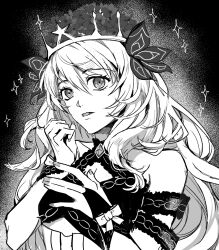 bare_shoulders butterfly_hair_ornament celine_(fire_emblem) crown fire_emblem fire_emblem_engage gem greyscale hair_ornament highres looking_at_viewer monochrome nintendo open_mouth tsuko_(25mnts) upper_body wrist_bow