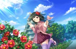 Rule 34 | 1girl, architecture, artist request, black eyes, black hair, day, east asian architecture, flower, footwear bow, hair flower, hair ornament, idolmaster, idolmaster cinderella girls, idolmaster cinderella girls starlight stage, jewelry, long hair, miniskirt, necklace, niwa hitomi, official art, one eye closed, outdoors, purple thighhighs, skirt, solo, sparkle, thighhighs