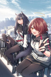 Rule 34 | 2girls, animal ear fluff, animal ears, arknights, bad id, bad pixiv id, black footwear, black gloves, black hair, black shorts, black skirt, blue sky, brown eyes, brown hair, brown legwear, cityscape, cloud, commentary request, coyucom, day, exusiai (arknights), fingerless gloves, gloves, hair between eyes, hair over one eye, halo, highres, jacket, knee up, long hair, long sleeves, looking at viewer, multiple girls, on railing, outdoors, pantyhose, parted lips, railing, shoes, short shorts, short sleeves, shorts, sitting, skirt, sky, tail, texas (arknights), very long hair, w, white jacket