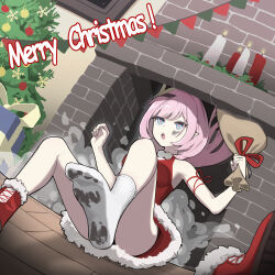 Rule 34 | 1girl, :o, absurdres, blue eyes, boots, breasts, candle, chimney, christmas, christmas ornaments, christmas present, christmas tree, cleavage cutout, clothing cutout, dirty, dress, elf, elysia (honkai impact), fur dress, gift, goseumgoseumdochi, hair ornament, highres, holding, holding sack, honkai (series), honkai impact 3rd, indoors, long hair, medium breasts, merry christmas, open mouth, picture frame, pink hair, pointy ears, red dress, red footwear, sack, santa costume, single boot, sleeveless, sleeveless dress, socks, soles, solo, upper body, white socks, wooden floor