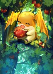 Rule 34 | 1other, apple, closed eyes, digimon, digimon (creature), eating, food, fruit, highres, holding, holding food, holding fruit, in tree, leaf, mojuke, no humans, open mouth, patamon, red apple, sitting, solo, tree, wings