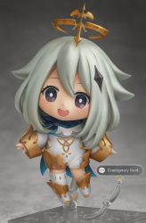 Rule 34 | 1girl, :d, absurdres, artist name, asymmetrical legwear, bare shoulders, blue scarf, bright pupils, cape, chibi, dress, full body, genshin impact, grey background, hair ornament, halo, highres, long sleeves, looking at viewer, nendoroid, open mouth, paimon (genshin impact), photorealistic, photoshop (medium), puffy sleeves, realistic, scarf, shiori2525, short hair, simple background, single thighhigh, smile, solo, thighhighs, uneven legwear, white dress, white hair, white pupils, white thighhighs, wide sleeves