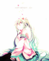 Rule 34 | 1girl, aka tonbo (lililil), dated, detached sleeves, green eyes, green hair, happy birthday, hatsune miku, long hair, matching hair/eyes, necktie, sitting, skirt, solo, thighhighs, twintails, very long hair, vocaloid