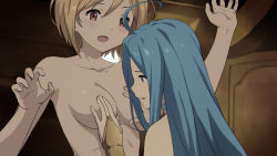 Rule 34 | 10s, 2girls, :d, :o, ahoge, anime coloring, arm up, bare arms, bare shoulders, blonde hair, blue eyes, blue hair, blush, grabbing another&#039;s breast, breasts, bridal gauntlets, brown eyes, cait aron, choker, collarbone, completely nude, djeeta (granblue fantasy), fake screenshot, grabbing, granblue fantasy, highres, light blue hair, long hair, looking at another, lyria (granblue fantasy), medium breasts, multiple girls, neck, nude, open mouth, short hair, smile, upper body, yuri