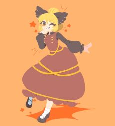 Rule 34 | 1girl, black bow, black footwear, black shirt, blonde hair, bow, brown dress, buttons, collared shirt, commentary, dress, emphasis lines, full body, grin, hair bow, hair bun, hand to own mouth, highres, kurodani yamame, long sleeves, looking at viewer, one eye closed, orange background, orange eyes, pinafore dress, puffy sleeves, ribbon, shinsei tomato, shirt, shoes, short hair, simple background, single hair bun, sleeveless, sleeveless dress, smile, socks, solo, standing, standing on one leg, star (symbol), touhou, white socks, yellow ribbon