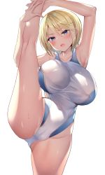 Rule 34 | 1girl, arm behind head, armpits, arms up, bare legs, blonde hair, blue eyes, blush, breasts, cameltoe, cleft of venus, clothing cutout, collarbone, commentary request, competition swimsuit, covered erect nipples, covered navel, feet out of frame, groin, highleg, highleg swimsuit, highres, kuwahara hazuki, large breasts, looking at viewer, one-piece swimsuit, open mouth, original, partially visible vulva, sanshoku amido, see-through, shadow, short hair, side cutout, simple background, solo, split, standing, standing on one leg, standing split, swimsuit, thighs, wet, wet clothes, wet swimsuit, white background