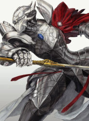 Rule 34 | 1boy, armor, cape, fighting, gauntlets, greaves, helmet, horocca, male focus, overlord (maruyama), shoulder armor, simple background, sword, touch me, weapon