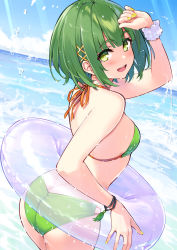 Rule 34 | 1girl, :d, arm up, ass, back, bare arms, bare shoulders, bikini, breasts, butt crack, cu-no, day, from behind, green bikini, green eyes, green hair, hair ornament, hairclip, halterneck, hisen kaede, innertube, looking at viewer, looking back, nail polish, nonono futaba, open mouth, outdoors, scrunchie, short hair, small breasts, smile, solo, standing, string bikini, swim ring, swimsuit, wet, wrist scrunchie, wristband, x hair ornament