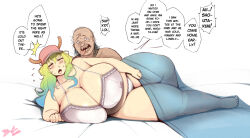 Rule 34 | 1boy, 1girl, after kiss, age difference, balding, bittercream, blonde hair, blue hair, bra, breasts, cleavage, covered erect nipples, english text, gigantic breasts, gradient hair, green hair, half-closed eyes, horns, huge breasts, kobayashi-san chi no maidragon, long hair, lucoa (maidragon), lying, missing tooth, multicolored hair, old, old man, on side, panties, plump, saliva, saliva trail, spooning, thick thighs, thighs, ugly man, underwear, veins, veiny breasts, white bra, white panties