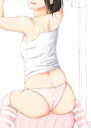 Rule 34 | 1girl, armpits, arms up, ass, back, bad id, bad twitter id, ball, black hair, breasts, commentary, exercise ball, from behind, head out of frame, highres, niwatazumi, open mouth, original, panties, polka dot, polka dot panties, short hair, sitting, sketch, small breasts, smile, solo, spaghetti strap, striped clothes, striped thighhighs, tank top, thighhighs, underwear, white background