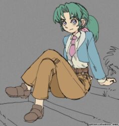 Rule 34 | 1girl, arm support, belt, blue jacket, brown footwear, brown pants, closed mouth, collared shirt, cropped jacket, crossed legs, curtained hair, earrings, full body, green hair, grey background, hair ribbon, hatsuseno alpha, jacket, jewelry, light blush, light smile, looking at viewer, necktie, pants, pantsu-ripper, parted bangs, patreon username, pink necktie, pink ribbon, ponytail, purple eyes, ribbon, shirt, shirt tucked in, sitting, solo, stairs, white shirt, yokohama kaidashi kikou