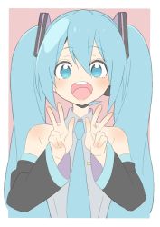 Rule 34 | 1girl, :d, absurdres, bad id, bad twitter id, bare shoulders, blue eyes, blue hair, blue necktie, border, collared shirt, detached sleeves, donguri suzume, double w, grey shirt, hatsune miku, highres, long hair, long sleeves, looking at viewer, necktie, open mouth, pink background, round teeth, shirt, simple background, sleeveless, sleeveless shirt, smile, solo, teeth, twintails, upper body, upper teeth only, very long hair, vocaloid, w, white border