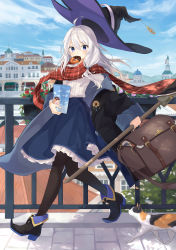 Rule 34 | 1girl, ahoge, azuuru, bag, black footwear, black hat, black pantyhose, blue eyes, blue skirt, blue sky, blush, boots, broom, building, calico, cat, city, cloud, copyright name, cover, cover page, day, doughnut, dress shirt, eating, elaina (majo no tabitabi), floating hair, food, food in mouth, frilled skirt, frills, full body, hair between eyes, hair tie, hat, hat ribbon, high-waist skirt, high heel boots, high heels, highres, holding, holding bag, holding broom, long hair, long sleeves, looking at viewer, majo no tabitabi, mouth hold, novel cover, official art, outdoors, pantyhose, paper bag, plaid, plaid scarf, red scarf, ribbon, scarf, shirt, silver hair, skirt, sky, solo, textless version, title, walking, white shirt, wide sleeves, witch hat