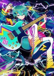 1girl aqua_eyes arm_up character_name chromatic_aberration closed_mouth commentary electric_guitar electricity gradient_hair guitar hair_ornament hatsune_miku hatsune_miku_japan_tour_2023_~thunderbolt~ headphones highres holding holding_guitar holding_instrument holding_plectrum instrument layered_skirt leg_warmers lightning lightning_bolt lightning_bolt_hair_ornament lightning_bolt_symbol long_hair long_sleeves looking_at_viewer mofmama multicolored_hair official_alternate_costume pleated_skirt plectrum shoes shrug_(clothing) skirt smirk sneakers solo twintails two-tone_hair very_long_hair vocaloid