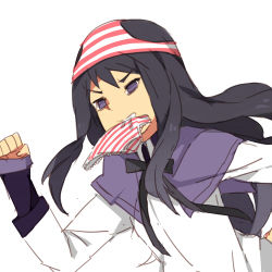 Rule 34 | 10s, 1girl, akemi homura, black hair, late for school, long hair, lowres, mahou shoujo madoka magica, mouth hold, object on head, panties, panties in mouth, panties on head, purple eyes, running, solo, striped clothes, striped panties, tribute (tributism), underwear