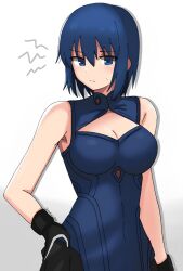 Rule 34 | 1girl, black gloves, blue bodysuit, blue eyes, blue hair, blush, bodysuit, breasts, ciel (tsukihime), cleavage cutout, closed mouth, clothing cutout, commentary request, gloves, hair between eyes, hand on own hip, highres, large breasts, looking at viewer, maz515, maz 515, official alternate costume, powered ciel, short hair, simple background, sleeveless, sleeveless bodysuit, solo, sweatdrop, tsukihime, tsukihime (remake), twitter username, white background