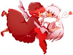 Rule 34 | 2girls, animal ears, bad id, bad pixiv id, blush, chibi, dress, closed eyes, female focus, fujiwara no mokou, hair ribbon, happy, hat, heart, long hair, mo-no, multiple girls, mystia lorelei, nail polish, no nose, open mouth, outstretched arms, profile, red eyes, red hair, ribbon, short hair, silver hair, sleeves rolled up, spread arms, touhou, wings, yuri