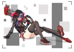 Rule 34 | 1girl, arm support, buckle, chainsaw, cross-laced footwear, full body, gloves, highleg, highleg leotard, highres, hood, hood up, jinyu lao honglingjin, leotard, looking at viewer, on ground, original, over shoulder, polearm, purple eyes, purple hair, shoes, side ponytail, simple background, skin tight, snap-fit buckle, sneakers, solo, thighhighs, weapon, weapon over shoulder, white background
