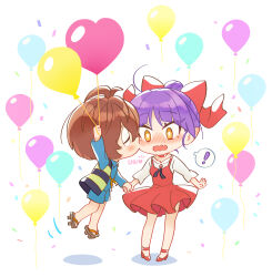Rule 34 | !, 1boy, 1girl, absurdres, balloon, blush, bow, brown hair, closed eyes, commentary request, english text, floating, gegege no kitarou, hair bow, hetero, highres, holding, holding balloon, holding hands, kiss, kissing cheek, kitarou, nekomusume, nekomusume (gegege no kitarou 6), purple hair, red footwear, sandals, short hair, silanduqiaocui, spoken exclamation mark, yellow eyes