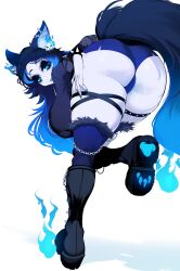 Rule 34 | 1girl, absurdres, animal ear fluff, animal ears, ass, blue eyes, blue flames, blue hair, blue skin, boots, bracelet, breasts, cerberus, chain, colored skin, curvy, hellhound, highres, huge ass, huge breasts, indie virtual youtuber, jewelry, sachiko shirayuki, scar, scar across eye, solo, spiked bracelet, spikes, spite (vtuber), tail, thick thighs, thigh grab, thigh strap, thighs, virtual youtuber, wolf ears, wolf girl, wolf tail